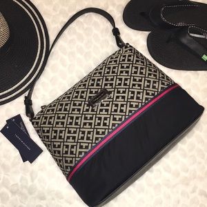 Tommy Hilfiger Monogram Hobo Handbag Tan Black NEW